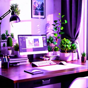 Lifestyle Tilt-shift Photography: Home Office With Plants And Natural Elements With Purple-lit Room
