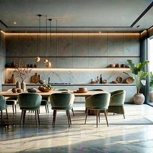 Lifestyle Pastel Drawing: Modern kitchen with comfortable textiles
