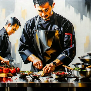 Lifestyle Oil Painting: Cooking class with colleagues