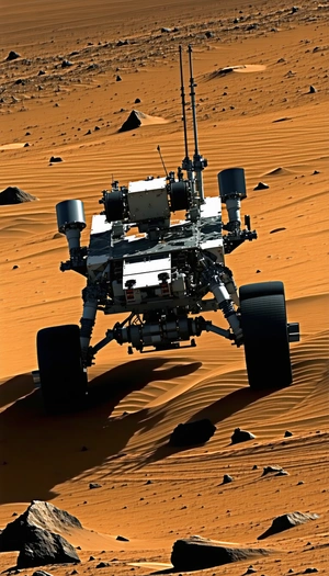 A Large Robotic Vehicle, Possibly A Rover, Driving Across A Sandy Terrain