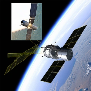 A Space Shuttle Flying Through The Sky, With A Large Satellite Dish On The Bottom Of The Spacecraft