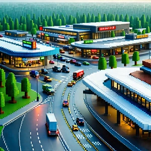Urban Voxel Art: Aerial view of transportation hub