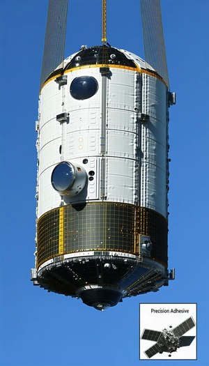 A Large White Spacecraft Is Seen From Below, With A Blue Sky In The Background