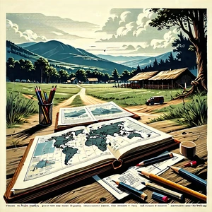 Tech Woodcut Print: Educational Technology In Field Deployment With Painting Countryside
