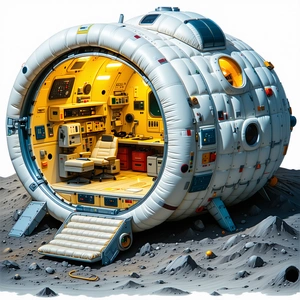 A Large White Spacecraft With A Hatch Door Open, Revealing A Cozy Interior