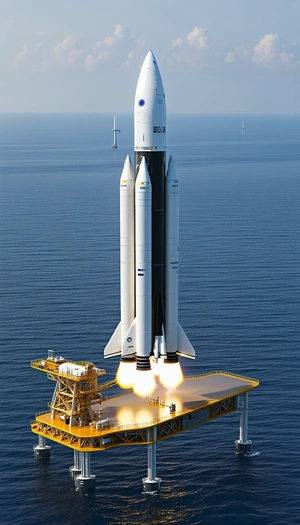 A Large White Rocket Ship, Likely A Space Shuttle, Flying Over A Platform In The Ocean