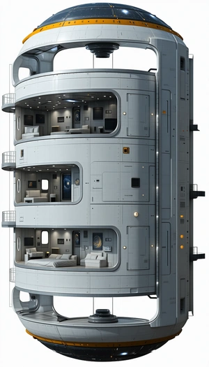 The Image Is A 3d Model Of A Large, Futuristic Space Station