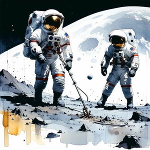 In The Image, There Are Two Astronauts Standing On The Moon, Each Holding A Shovel