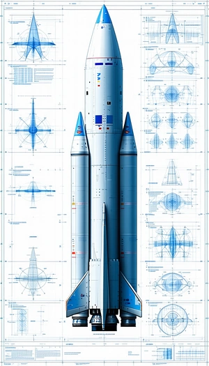 A Blue Rocket Ship Is Shown In A Blueprint Drawing