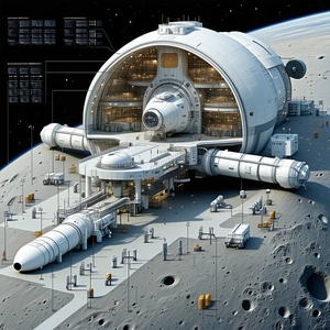 A Large White Space Station Is Shown In A Drawing, With A Large Dome On Top