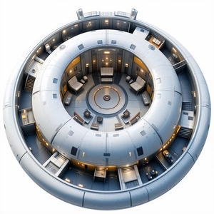 A Large, Round Room Is Filled With Various Pieces Of Furniture