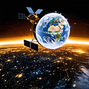 A Space Satellite With A Large Dish On Top, Flying Over A Beautiful Blue Planet