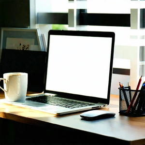 Business Long Exposure Photography: Workplace With Laptop And Coffee On Desk With Wooden Desk