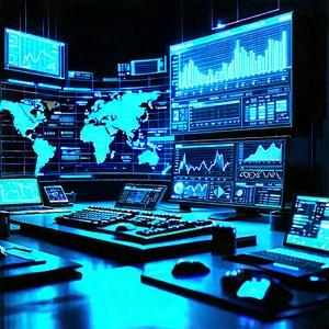 Financial Technology In Tech Office With Large Computer
