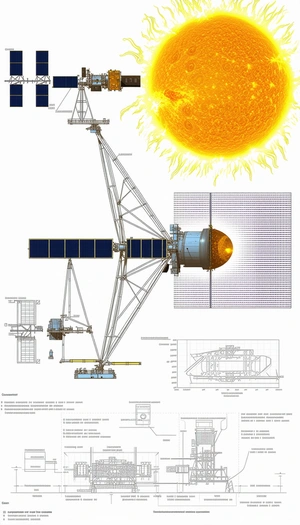 The Image Is A Detailed Drawing Of A Space Station, Which Includes A Large Crane And A Satellite