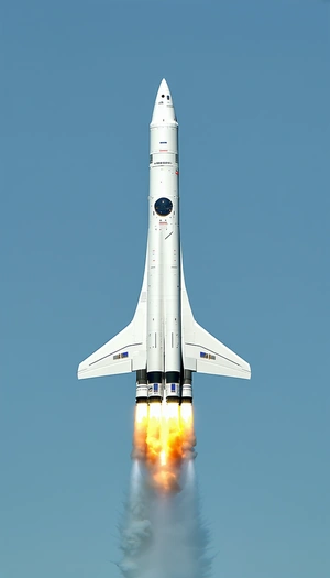 A White Rocket Is Flying Through The Sky, With A Trail Of Smoke Behind It