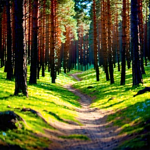 Nature Landscape Photography: Path Through Pine Forest With Lush Green