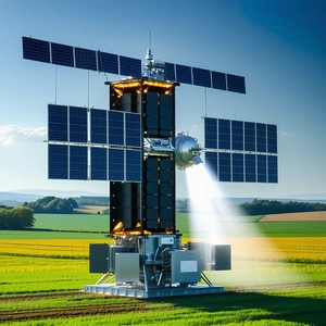 A Large Satellite Dish With A Bright Light Shining From It