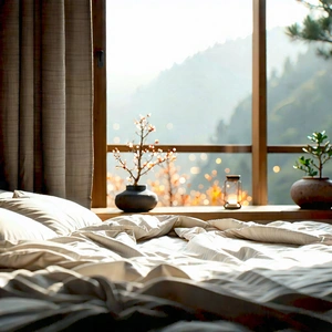 Lifestyle Graphic Design: Bedroom Sanctuary With (minimalist:1.3) Decor With Large White