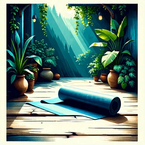 Lifestyle Linocut Print: Wellness Scene With Yoga Mat And Plants With Image, There