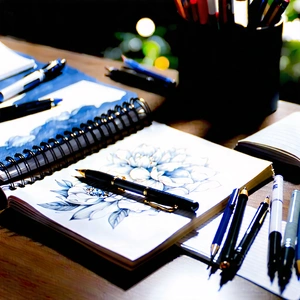 Business Ink Drawing: Workplace With Notebooks And Pens On Desk With Wooden Table