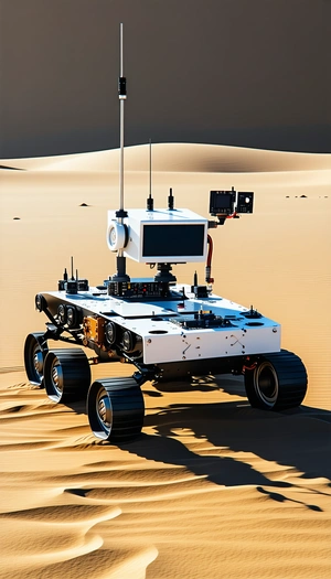 A White Robotic Vehicle With A Large Antenna On Top Of It
