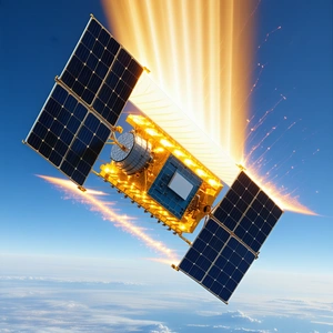 A Spacecraft Flying Through The Sky, With A Bright Light Emanating From It