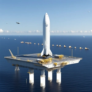 A Large White Rocket Ship Floating On Top Of A Platform In The Ocean