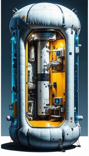 A Large, White, Cylindrical Spacecraft With A Yellow Interior