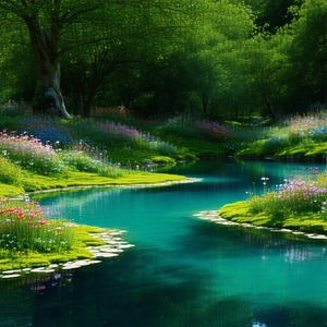 Nature Unreal Engine: Tranquil pond surrounded by wildflowers
