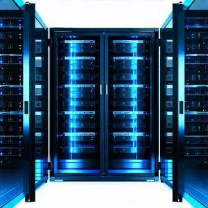 Tech Landscape Photography: Server rack with holographic projection