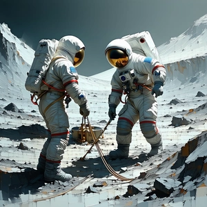 In The Image, There Are Two Astronauts Standing On A Rocky Surface, Possibly On The Moon