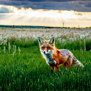 Nature Macro Photography: Fox In Prairie Grassland With Small Standing