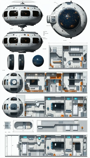 A Series Of Drawings Show A Space Station With Various Rooms And Features