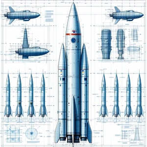 A Blue Rocket Ship Is Shown In A Series Of Blueprints, With Each Section Labeled