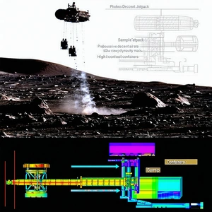 split-screen display, showing spacecraft left