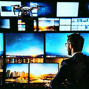 Business Drone Photography: Legal professional using multiple monitors