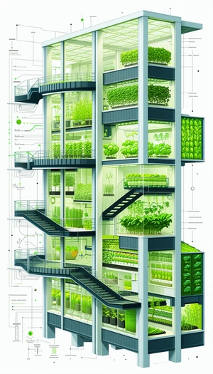 The Image Is A Drawing Of A Large Building With Many Levels, Each Containing A Variety Of Plants