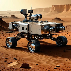 A Large, Futuristic-looking Vehicle With A Metallic Appearance, Driving Across A Desert-like Terrain
