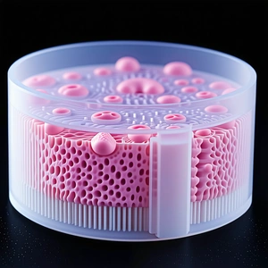 A Pink And White Object Is Displayed In A Clear Plastic Container