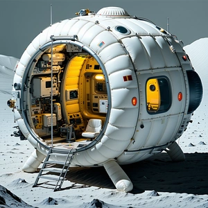 A Large White Spacecraft With A Hatch Open, Revealing A Cozy Interior