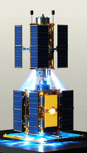 A Spacecraft Is Shown In A Close-up View, With Its Solar Panels And Other Components Clearly Visible