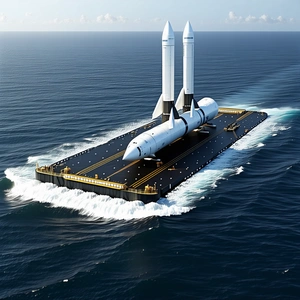 A Large White Space Shuttle On A Runway, Which Is Actually A Boat Floating On The Ocean