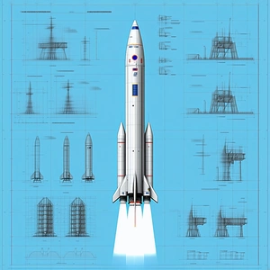 A Space Shuttle Is Shown In A Blue And White Drawing, With A Rocket Booster Attached To The Bottom