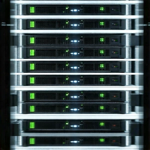 Tech Stock Photography: Server rack with data streams