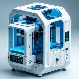 A White And Blue 3d Printer Is Sitting On A Table