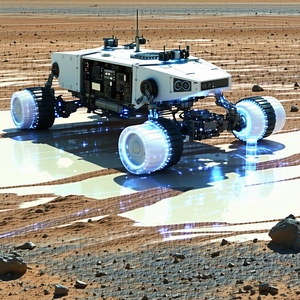 A Futuristic Vehicle, Possibly A Robot Or A Spacecraft, Driving Across A Rocky Terrain