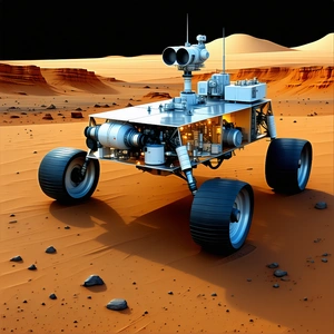 A Futuristic Vehicle, Possibly A Rover Or A Spacecraft, Parked On A Red Dirt Surface