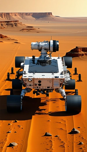 A Large White Robotic Vehicle With A Dome-shaped Top, Driving On A Sandy Surface