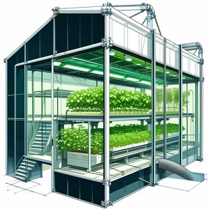 The Image Is A Blue And White Drawing Of A Greenhouse, Featuring A Large Number Of Plants